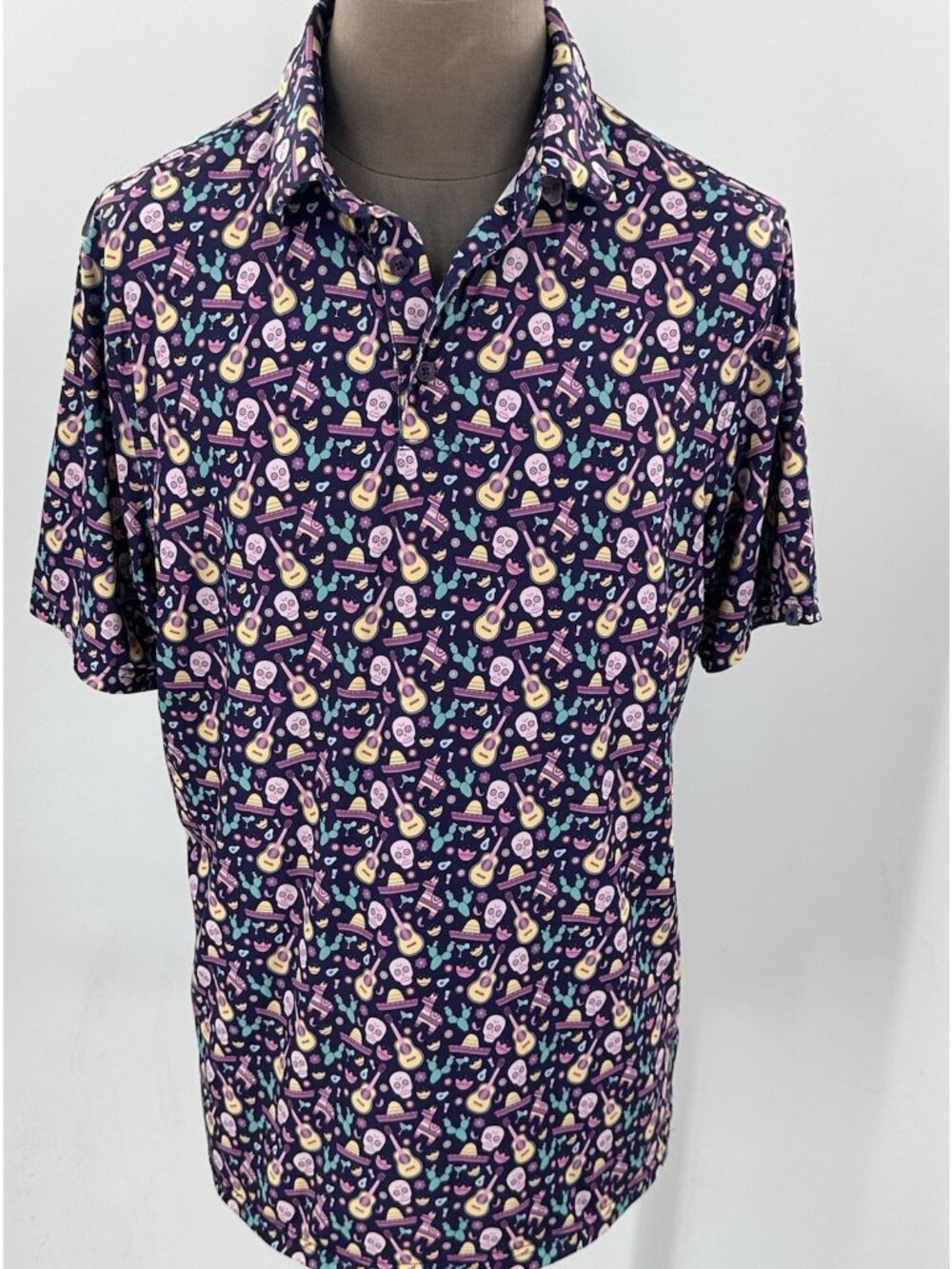 1764 Signature Men's Golf Polo Shirt Purple Sugar Skull Guitar Large Sombrero